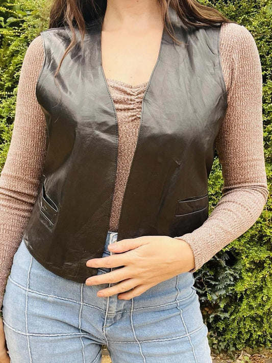 Vintage 1970s Leather Waistcoat Cropped Sleeveless Jacket Black 10 12