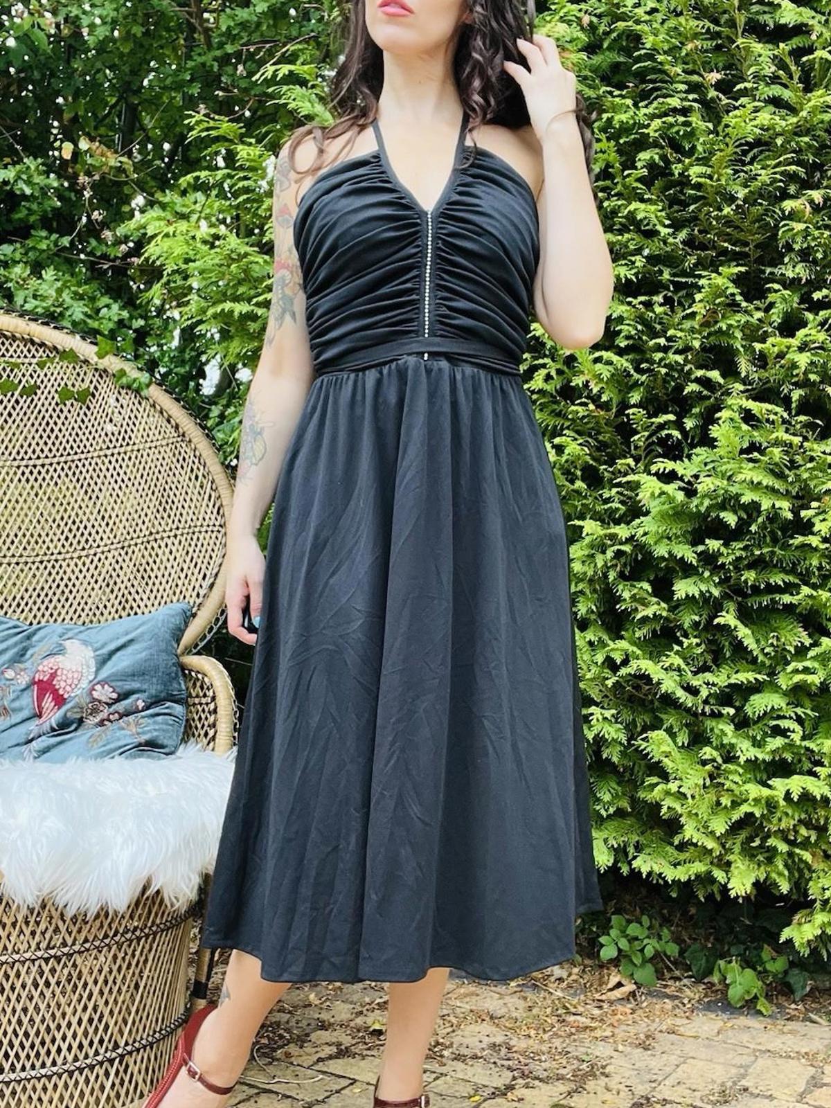Vintage 1980s Party Dress Black Floaty Rouched Waist Strappy Dress Size 12