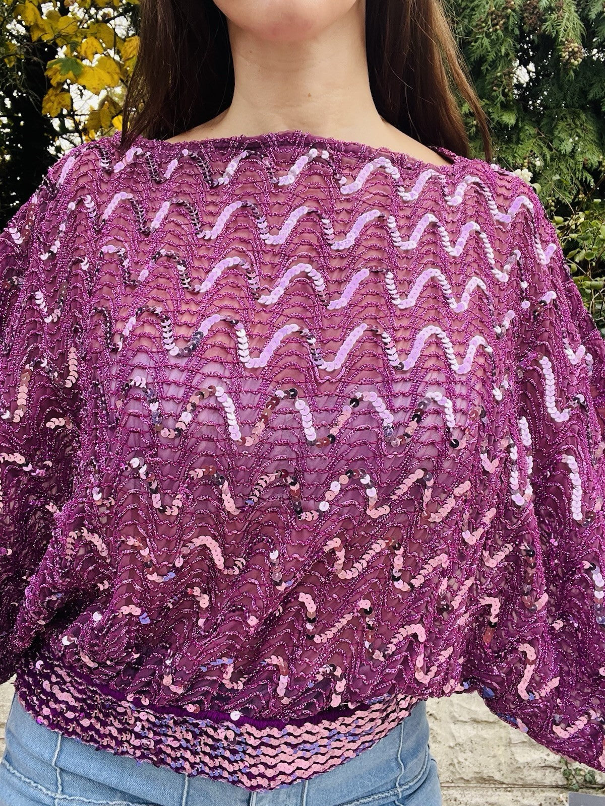 Vintage 1980s Sequin Top Pink Size 14-16 Retro Batwing Sleeve Party Wear