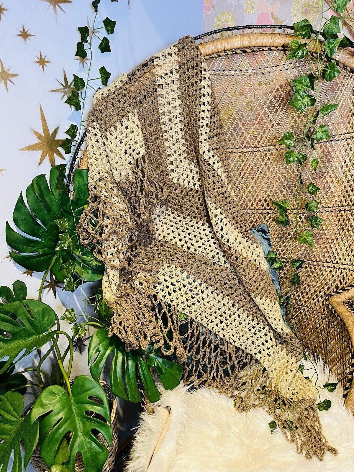 Vintage Knit Crochet Shawl Hippie Boho Triangle Wrap Cape Cottage Whimsy Scarf