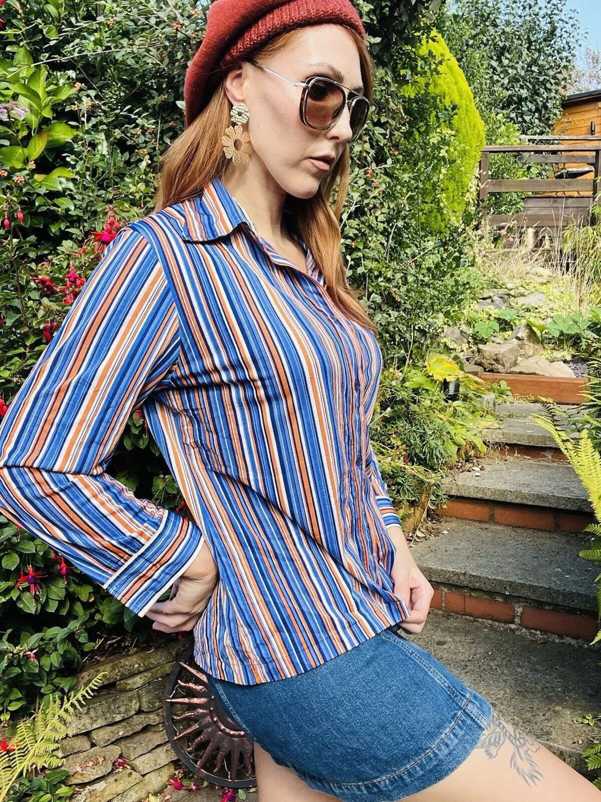 Vintage shirt Size 14 retro Striped blouse by Mireller blue orange