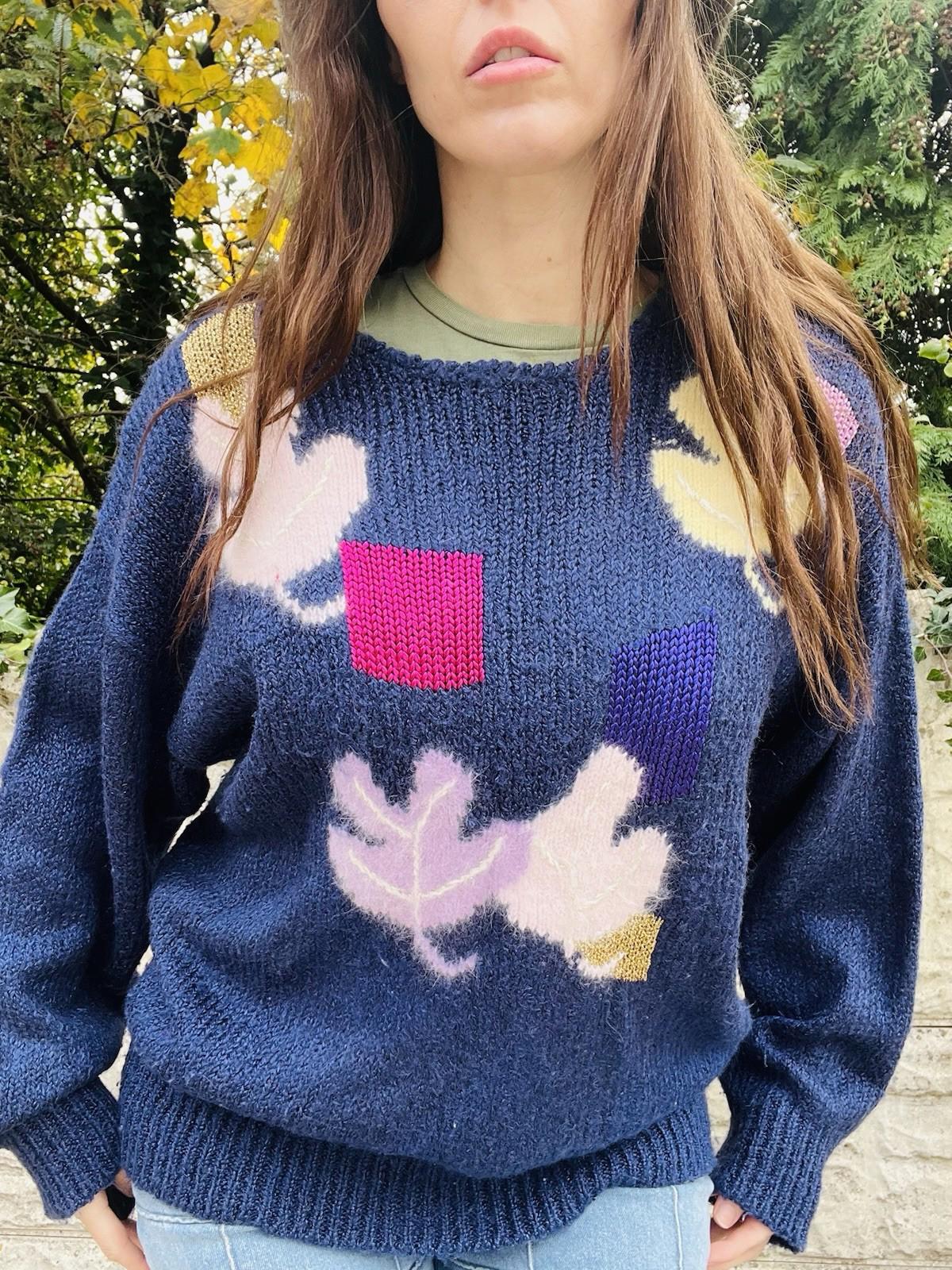Vintage 80s Jumper size L Blue By Golden Gate Funky Retro Pattern Knit Sweater