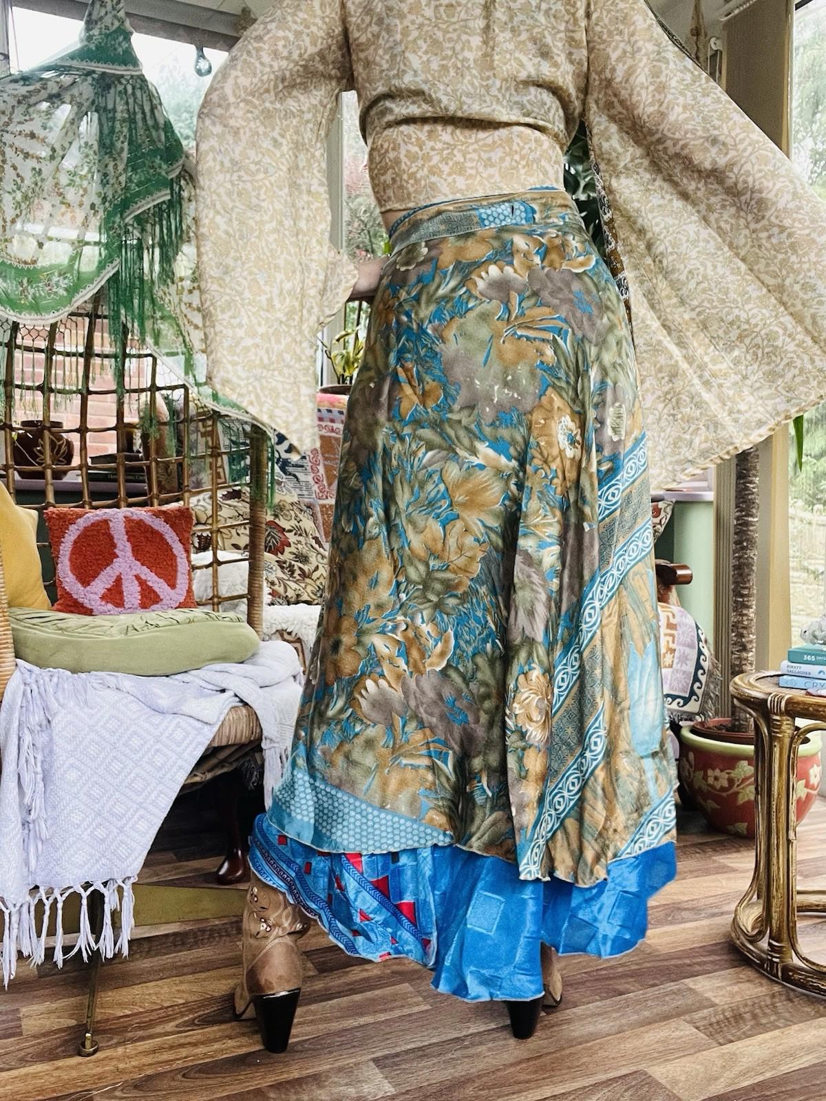 Layered Hippie Maxi Skirt Vintage Sari Silk Hippie Boho Long Gypsy Wrap Skirt