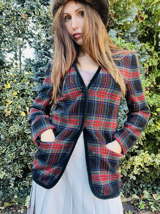 Vintage 1980s Tartan Jacket, Liz Claiborne Plaid Blazer, Velvet Trim Size 12
