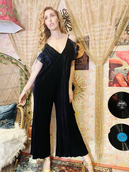 Retro Flared Velvet Jumpsuit By Plastic Ribbed Frilly Baggy Fit Romper Blue 12
