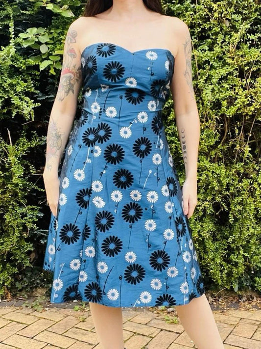 Vintage 1990s Cocktail Dress Strapless A Line Floral Daisy Print Blue Size 16
