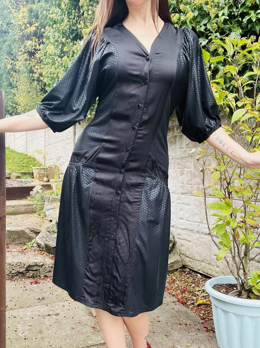 Vintage 1980s Party Dress Black Size 8 to 10 Dropped Waist Puff Sleeves