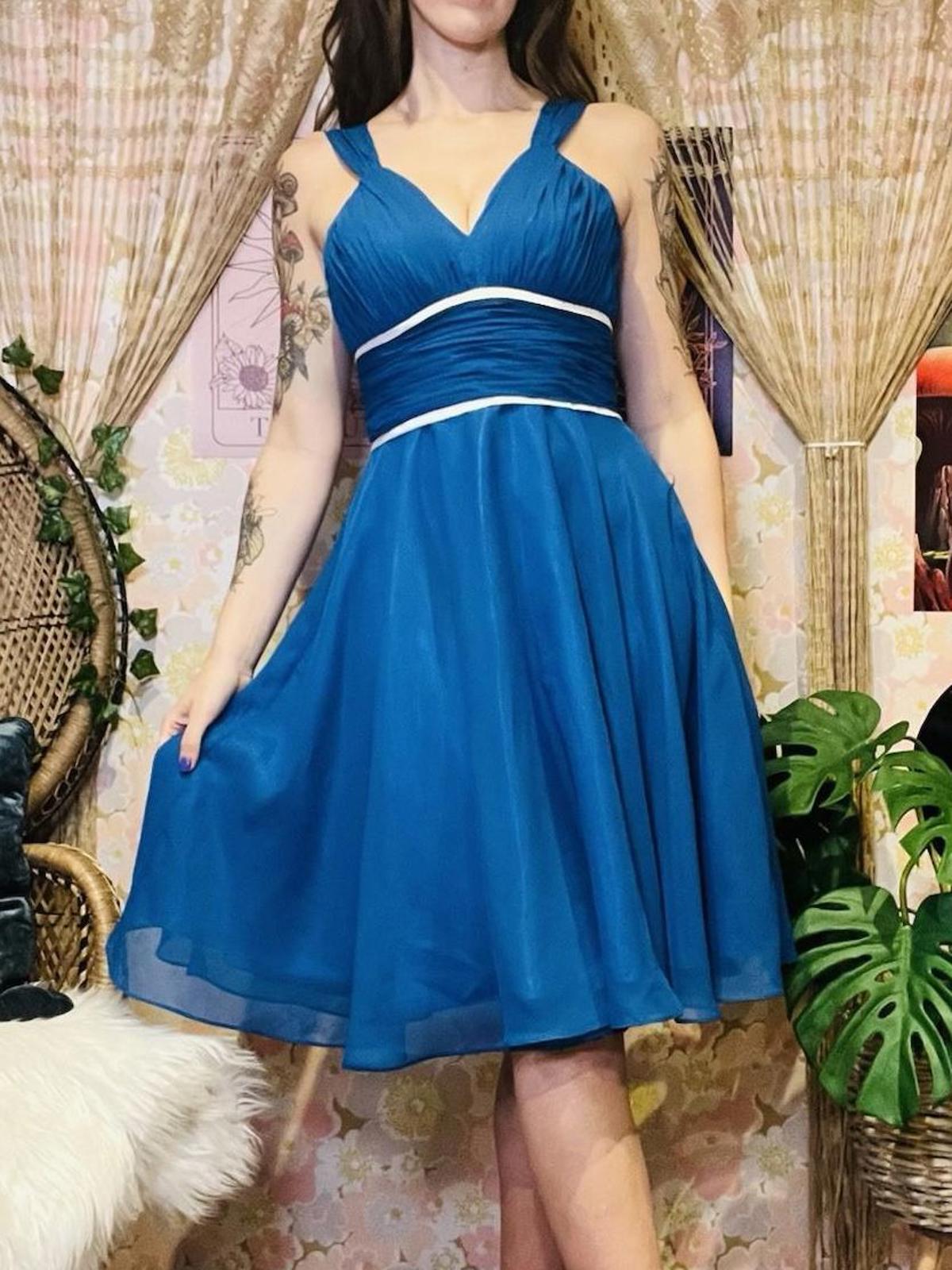 Vintage 1980s Party Dress Floaty Rouched Waist Cocktail Dress Blue Size 10