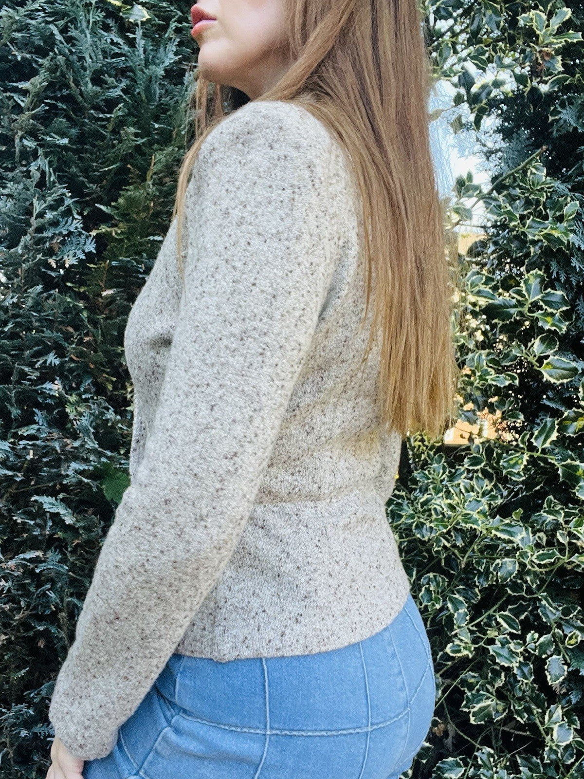 Vintage 1970s Knitted Cardigan, Retro Wool Knit Fitted Jacket Beige Size 10