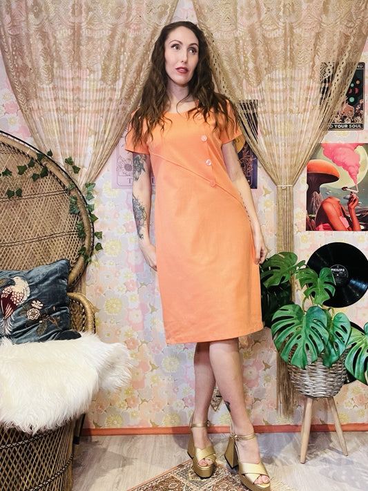 Vintage 1960s Pinafore Dress Short Sleeve Knee Length With Buttons Orange 16