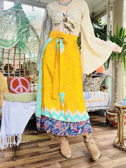 Layered Hippie Maxi Skirt Vintage Sari Silk Hippie Boho Long Gypsy Wrap Skirt