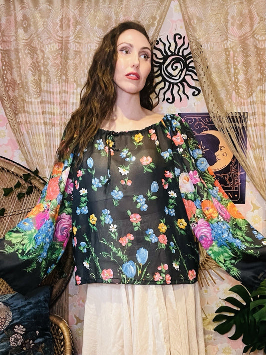 Vintage 1960s Sheer Top Balloon Sleeve Blouse Bold Floral Print Black Size 18