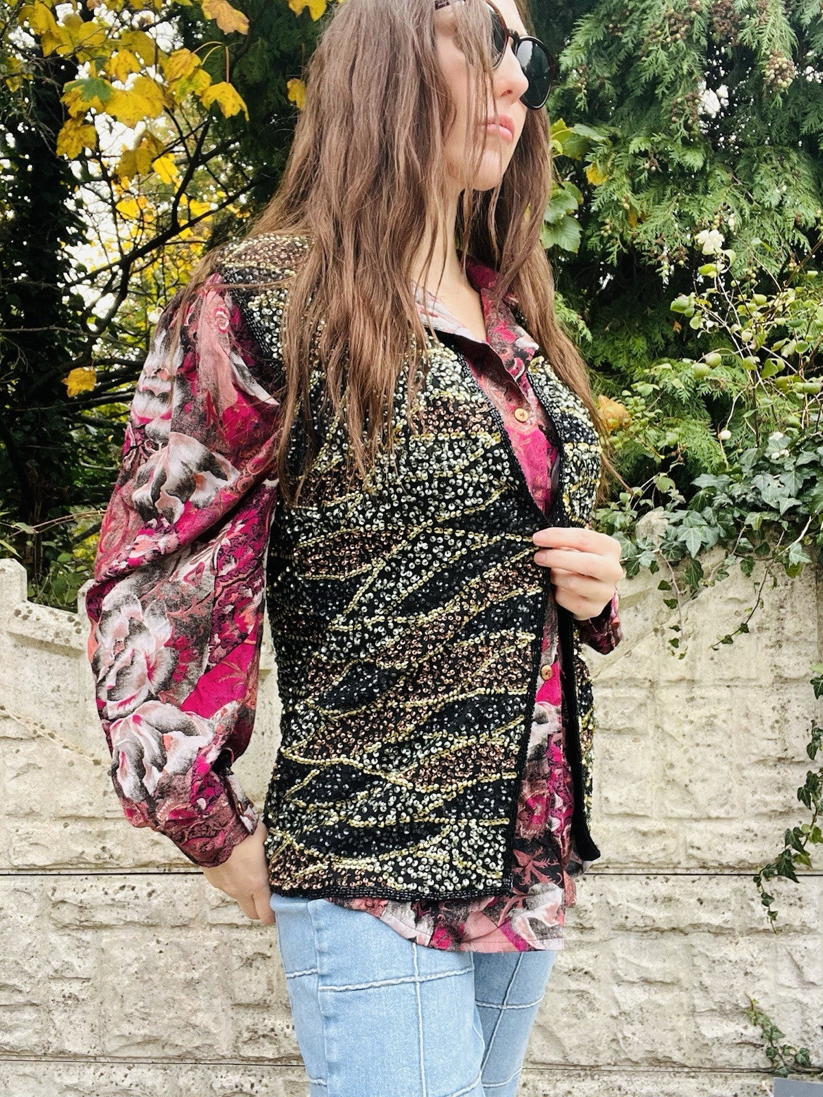 Vintage 80s Sequin Waistcoat Black Gold Size 10 100% Silk 1980s Sparkly Top