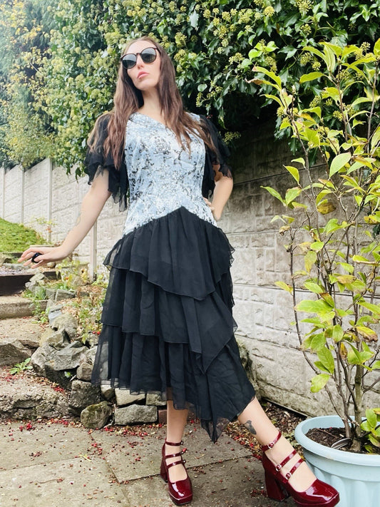 Vintage 1980s Party Dress Black Size 14-16 Frilly Floaty Layered Skirt