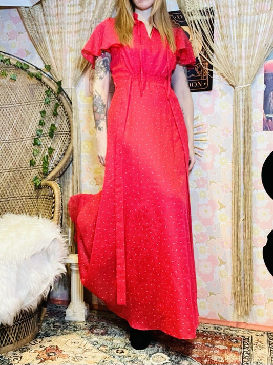 Vintage 1970s Maxi Dress Ditsy Floral Cottagecore Pink Frilly Dress Size 8-10