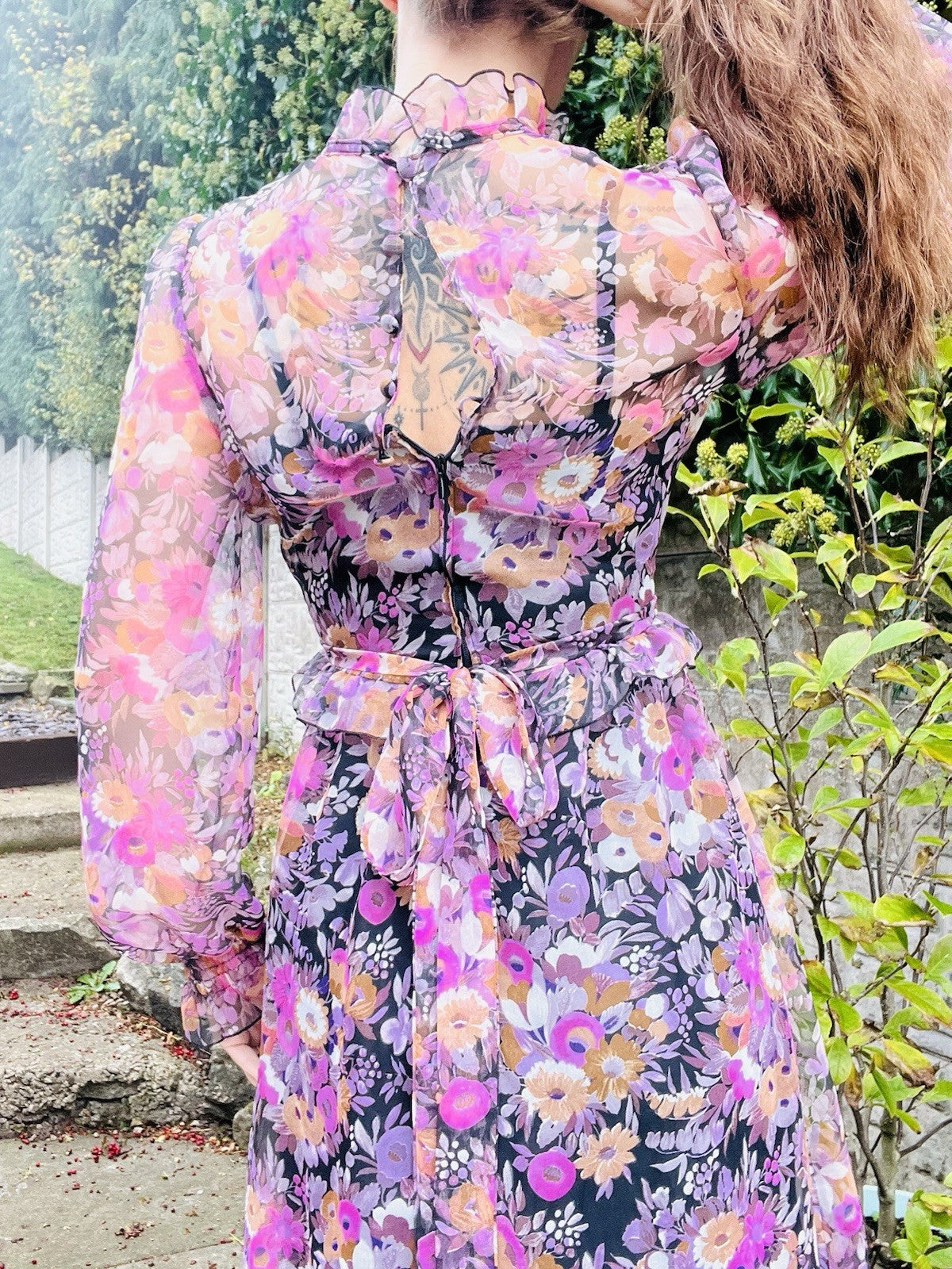 Vintage 1970s Maxi Dress Size 8 By Vera Mont Long Sleeve Floral Frilly High Neck