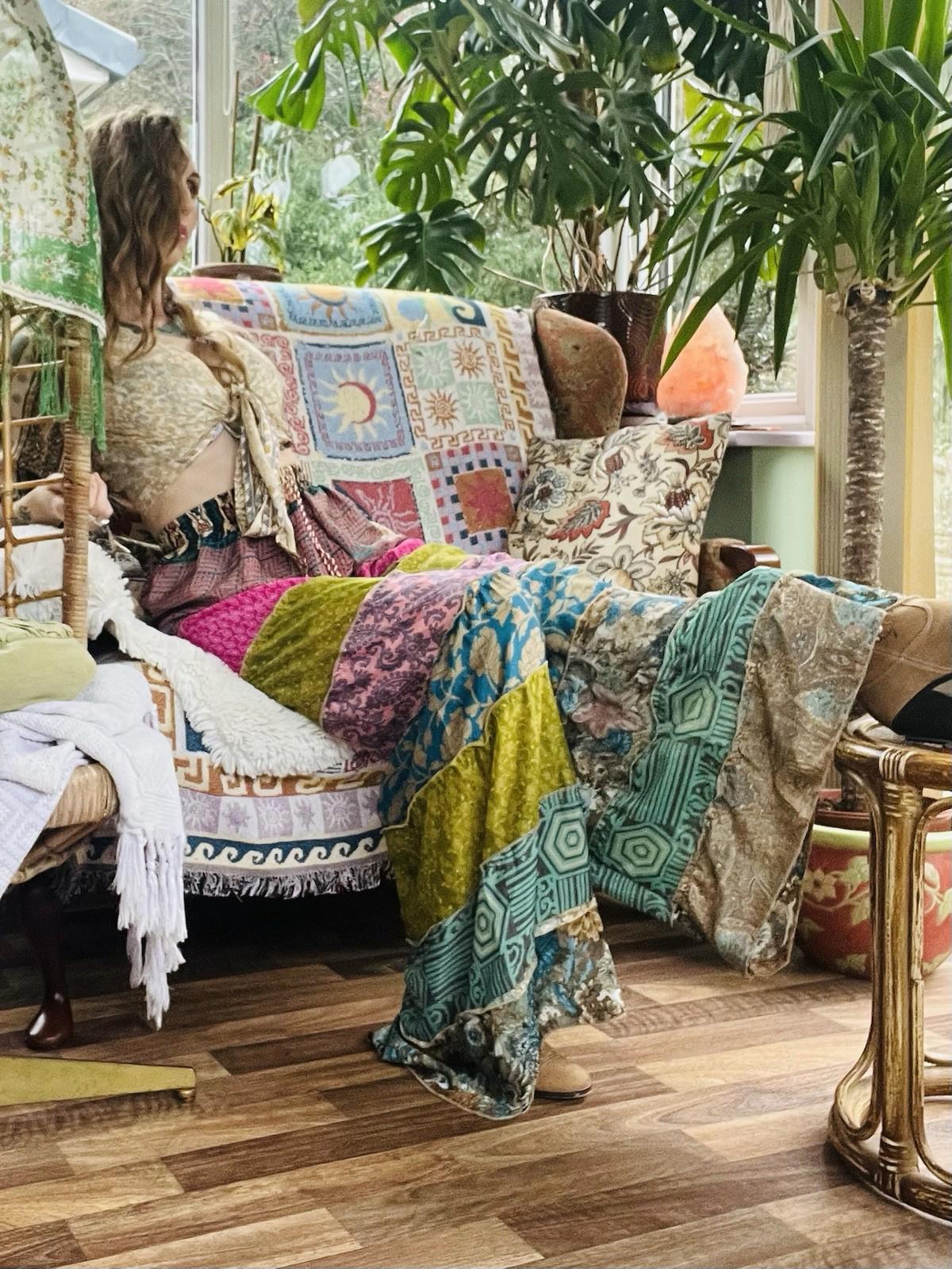 Wide Leg Trousers Vintage Patchwork Layered Sari Silk Hippie Boho Gypsy Pants M