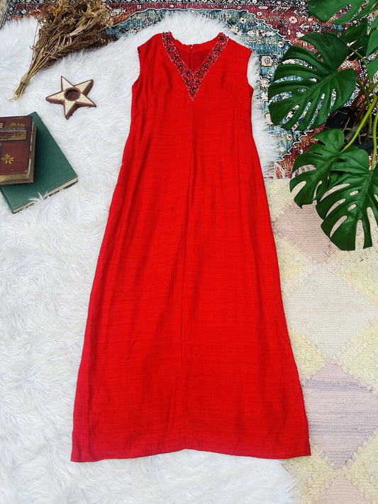Vintage 1970s Maxi Dress Beaded Embellished Long Retro 70s Dress Red Size 14