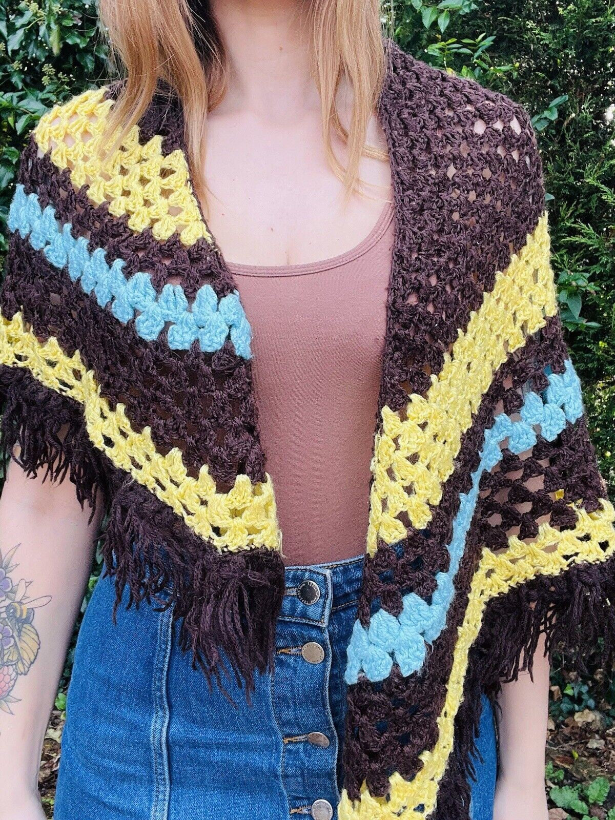 Vintage Knit Crochet Shawl Hippie Boho Triangle Wrap Cape Cottage Whimsy Scarf