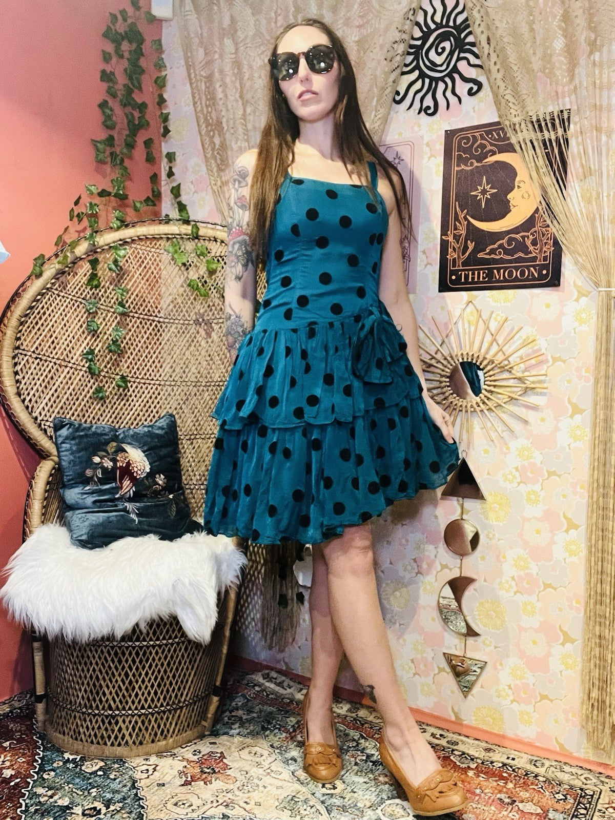 Vintage 80s Party Dress Size 8 Teal Polkadot Layered Retro 80s Fancy Dress