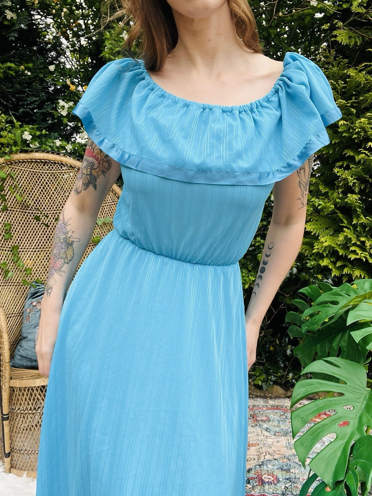 Vintage 1970s Maxi Dress By C&A Long Bardot Shoulder Layered Prairie Dress 8