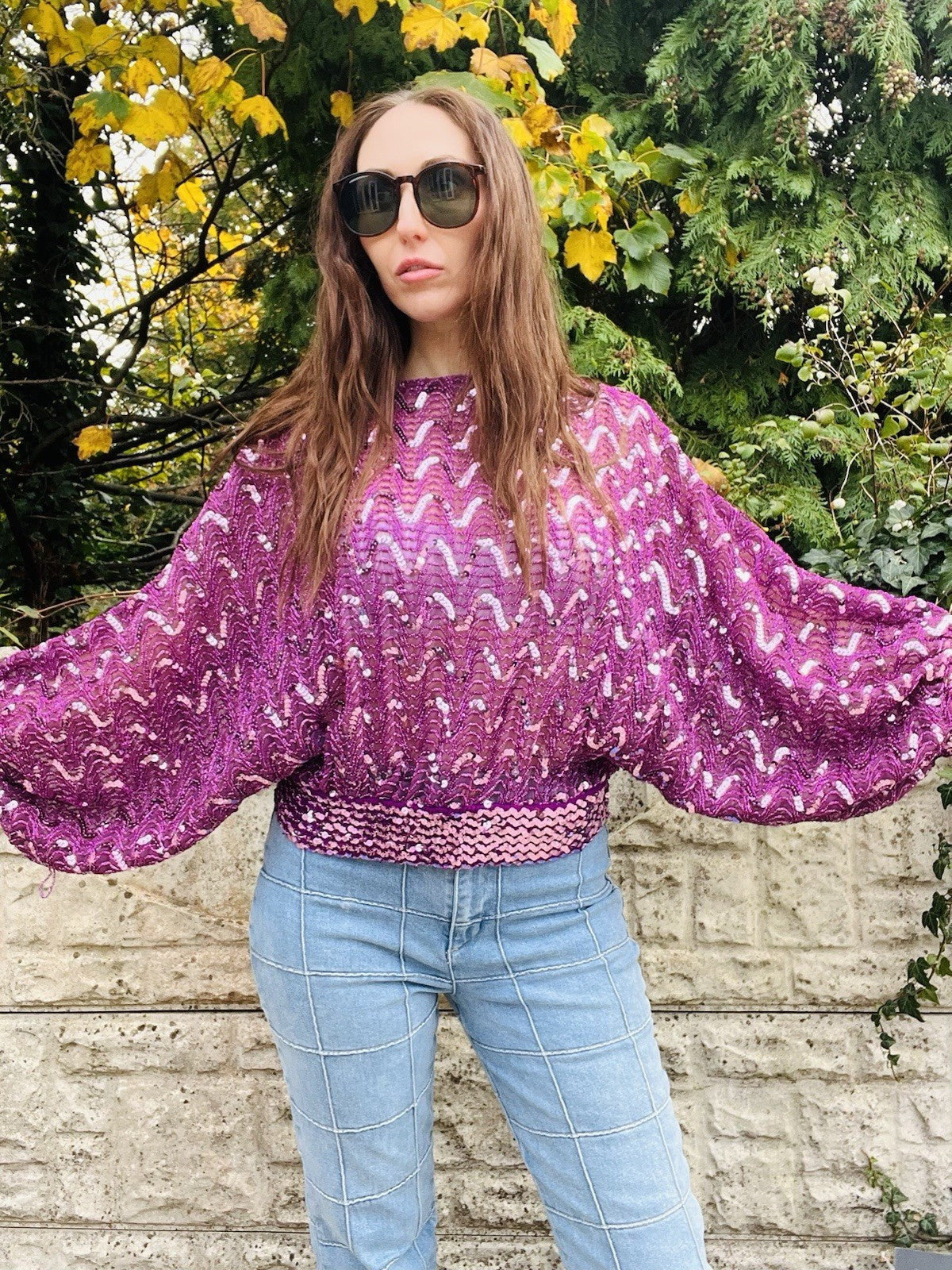 Vintage 1980s Sequin Top Pink Size 14-16 Retro Batwing Sleeve Party Wear