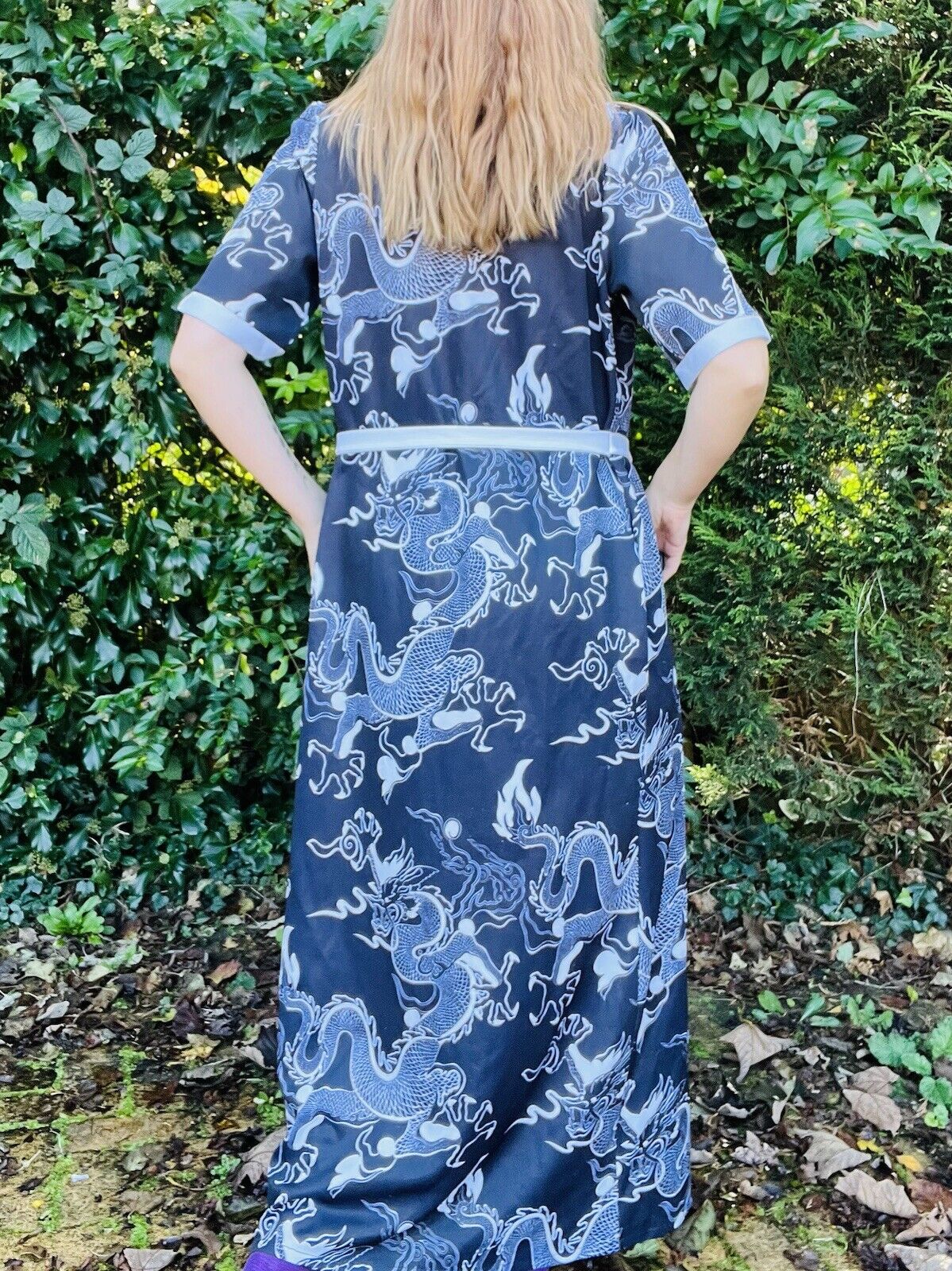 Vintage 70s Oriental Kimono Japanese Robe Dragon Flame Design Dressing Gown 12