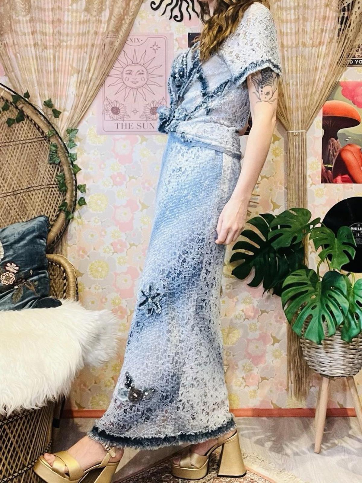 Vintage 1990s Two Price Coord Set Maxi Skirt T-shirt Top Frayed Denim Look 14