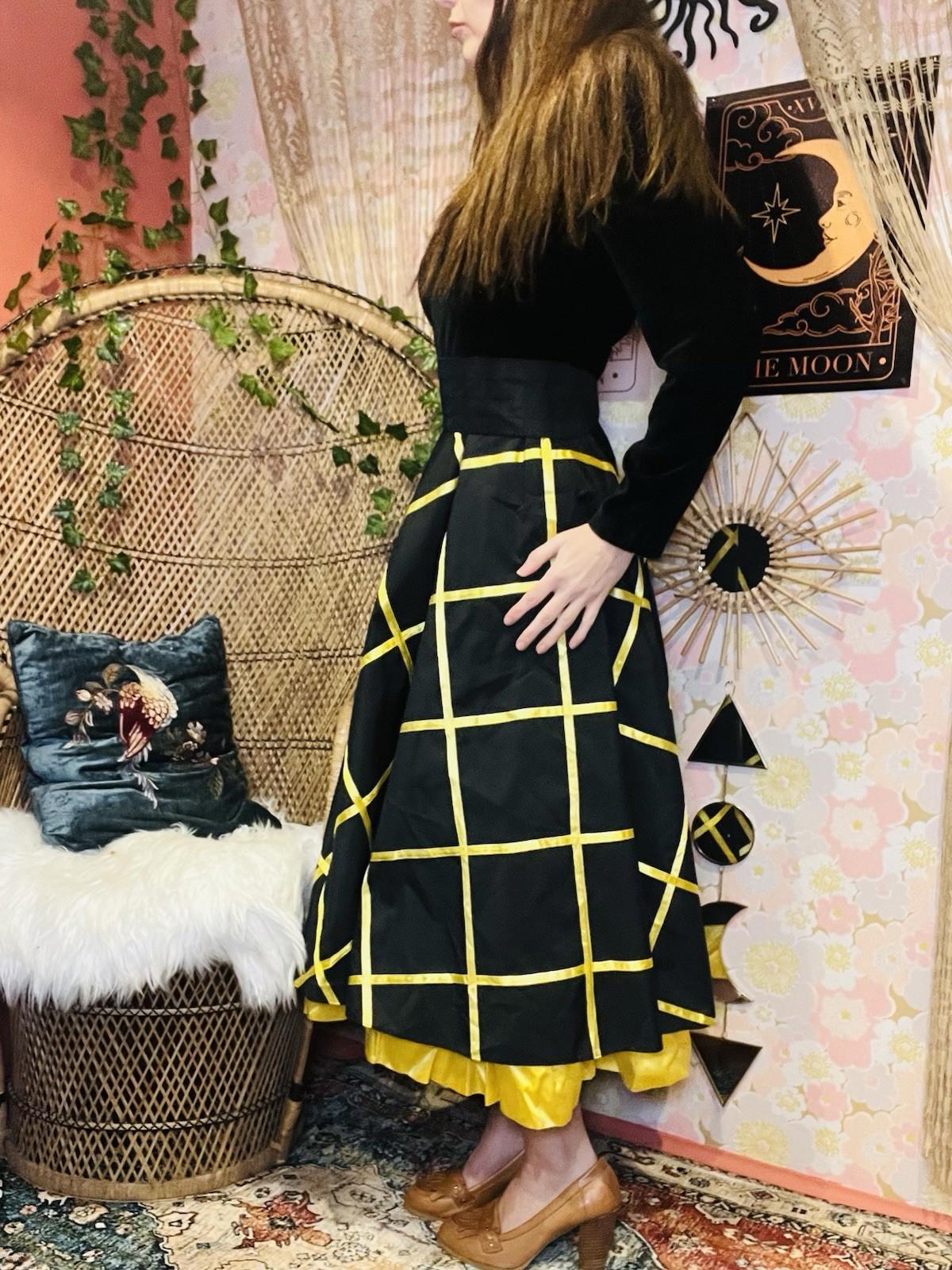 Vintage 1980s Cocktail Dress Size 8 Black Velvet Bodice And Yellow Puffy Skirt