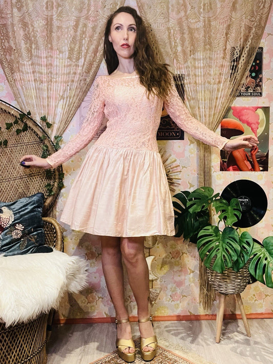 Vintage 1990s Prom Dress Short Lace Long Sleeve Corset Party Dress Pink Size 10
