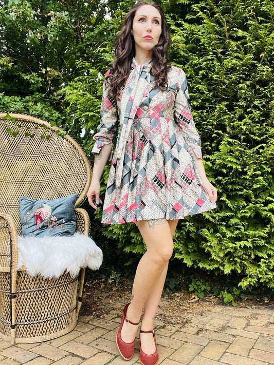 Vintage 1980s Pleated Dress, Short Length With Pussy Bow Tie Collar - Grey 10