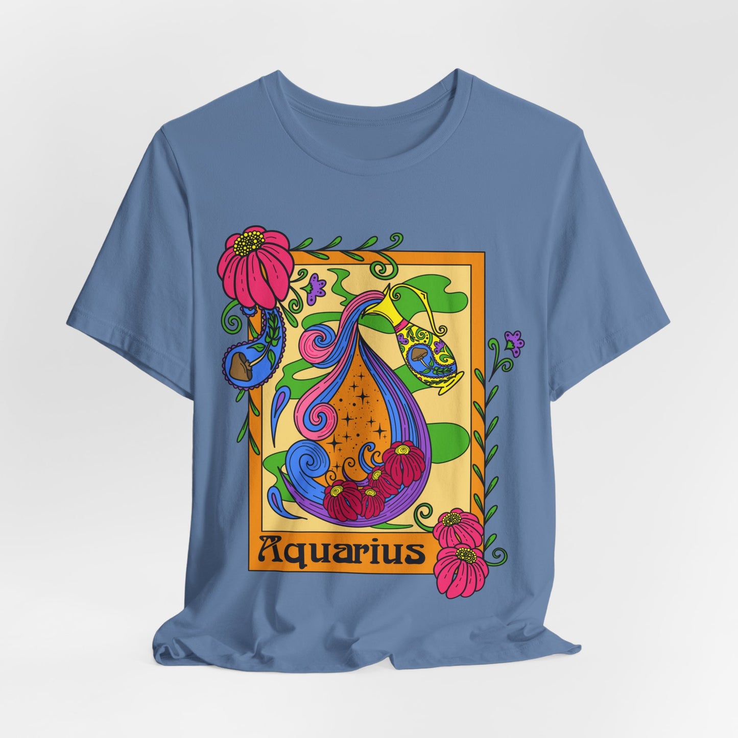 Aquarius star sign T-Shirt, water pale zodiac astrology top, Horoscope birthday gift Tee, Bold retro colourful Design tshirt