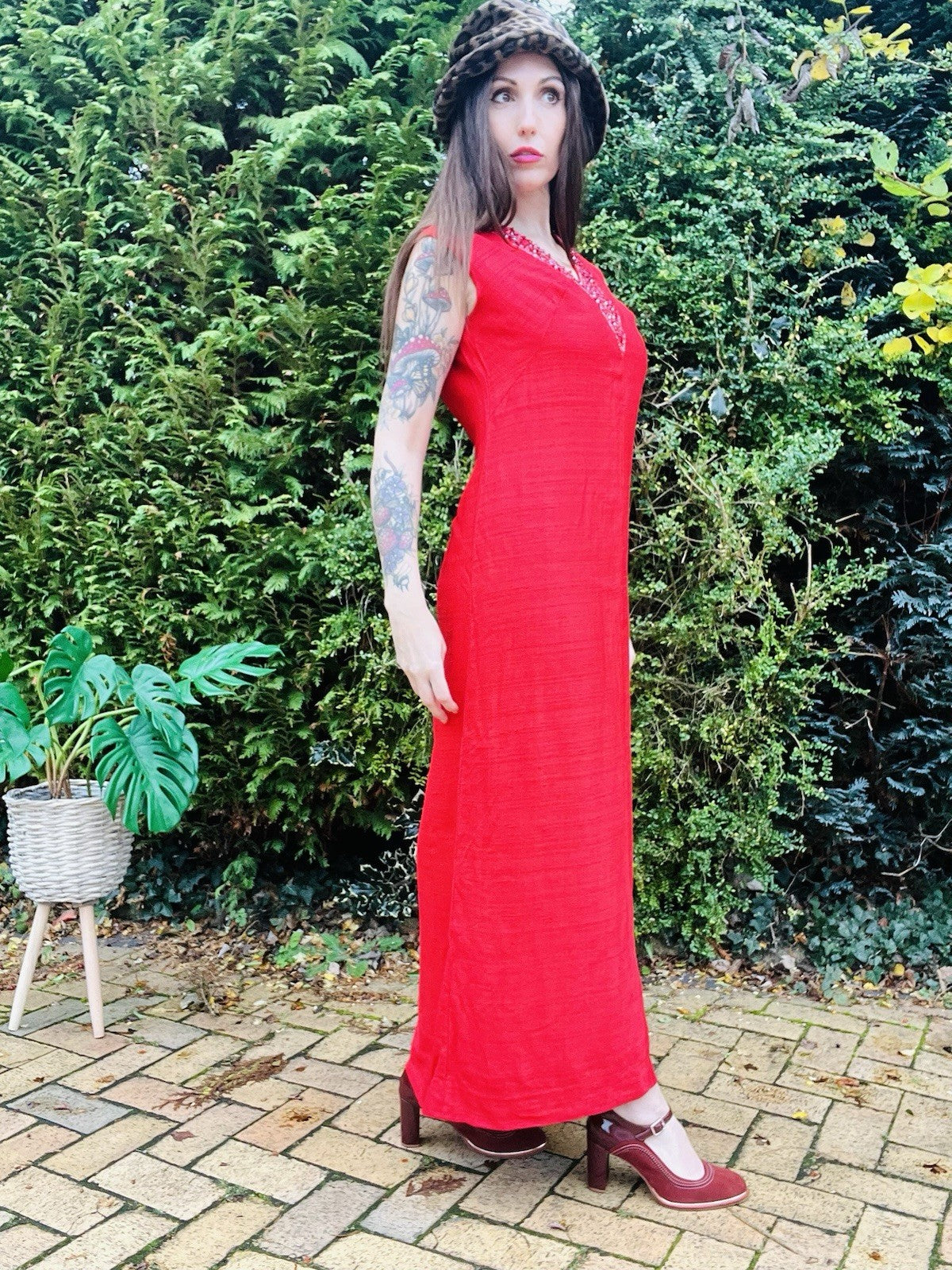 Vintage 1970s Maxi Dress Beaded Embellished Long Retro 70s Dress Red Size 14