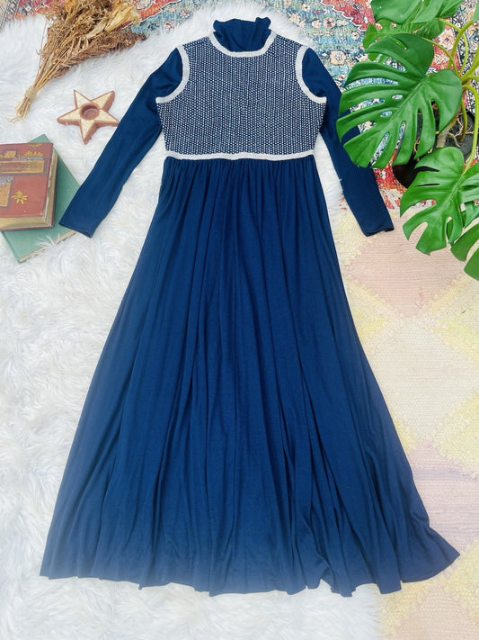 vintage 1960s maxi dress floaty retro long sleeve high neck blue size 12