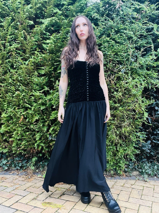 Vintage 1980s Whimsigoth Dress By Zanzara, Velvet Bodice, Floaty Skirt 8-10