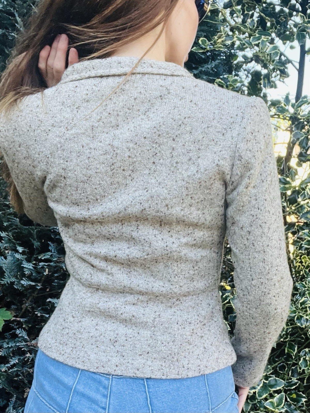 Vintage 1970s Knitted Cardigan, Retro Wool Knit Fitted Jacket Beige Size 10