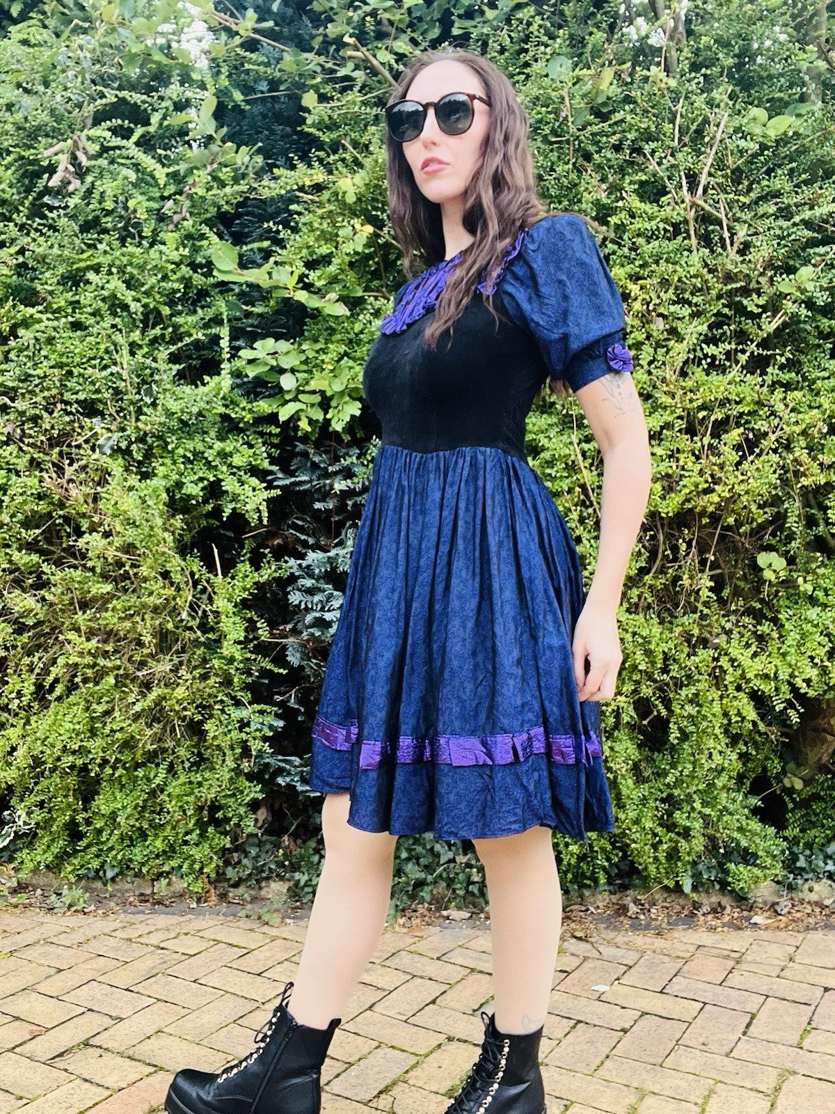 Vintage 1990s Frilly Dress, Velvet Bodice Cotton Skirts Puff Sleeves, Purple 6-8