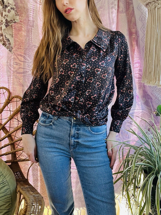 Vintage Blouse Bold Retro Print Collared Shirt Casual Or Formal Office Workwear