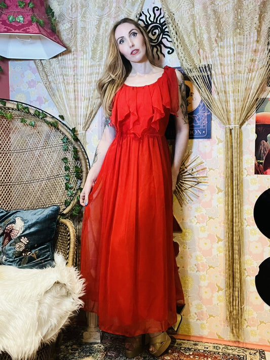 Vintage 1970s Maxi Dress Frilly Layered Fairy Fairycore Long Dress Red Size 10