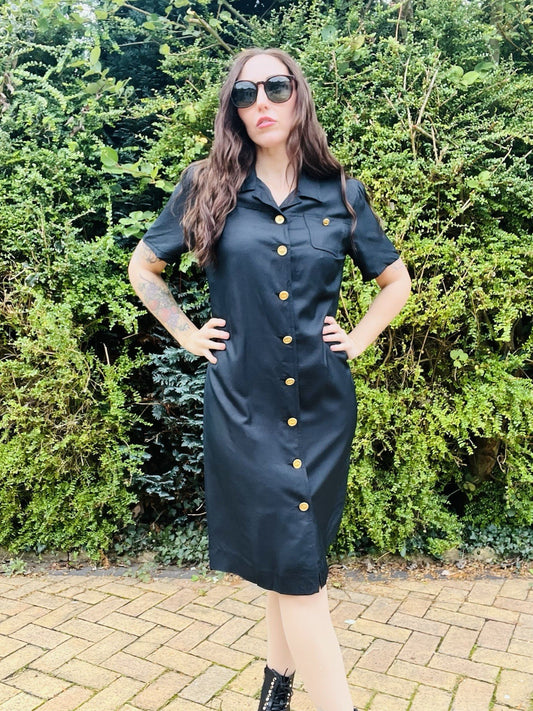 Vintage 1980s Shirt Dress, Pure Silk With Gold Buttons By Talbots, Black 14-16
