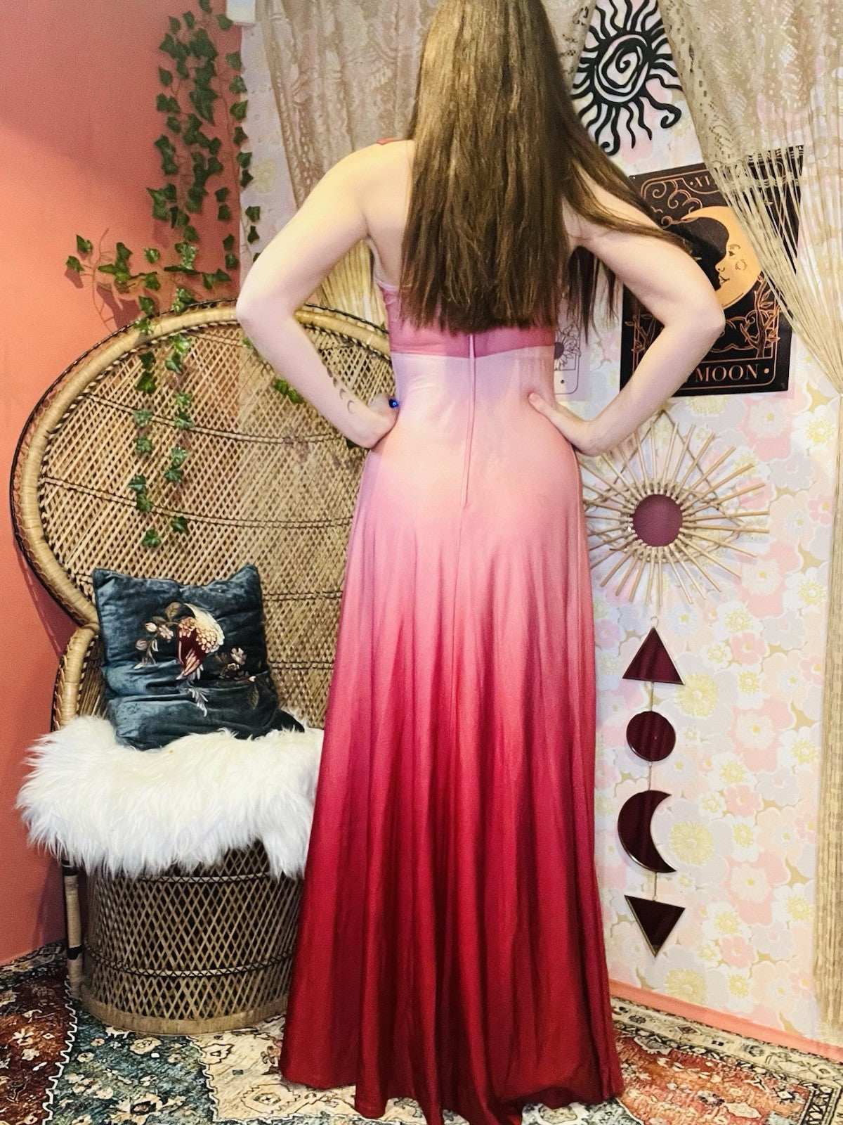 Vintage 70s Cocktail Dress Size 8 Retro Frilly Slinky Evening Gown Ombre Pink