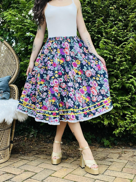 Vintage 1980s Midi Skirt Bold Floral Print Elasticated Waist And Pockets Size 14