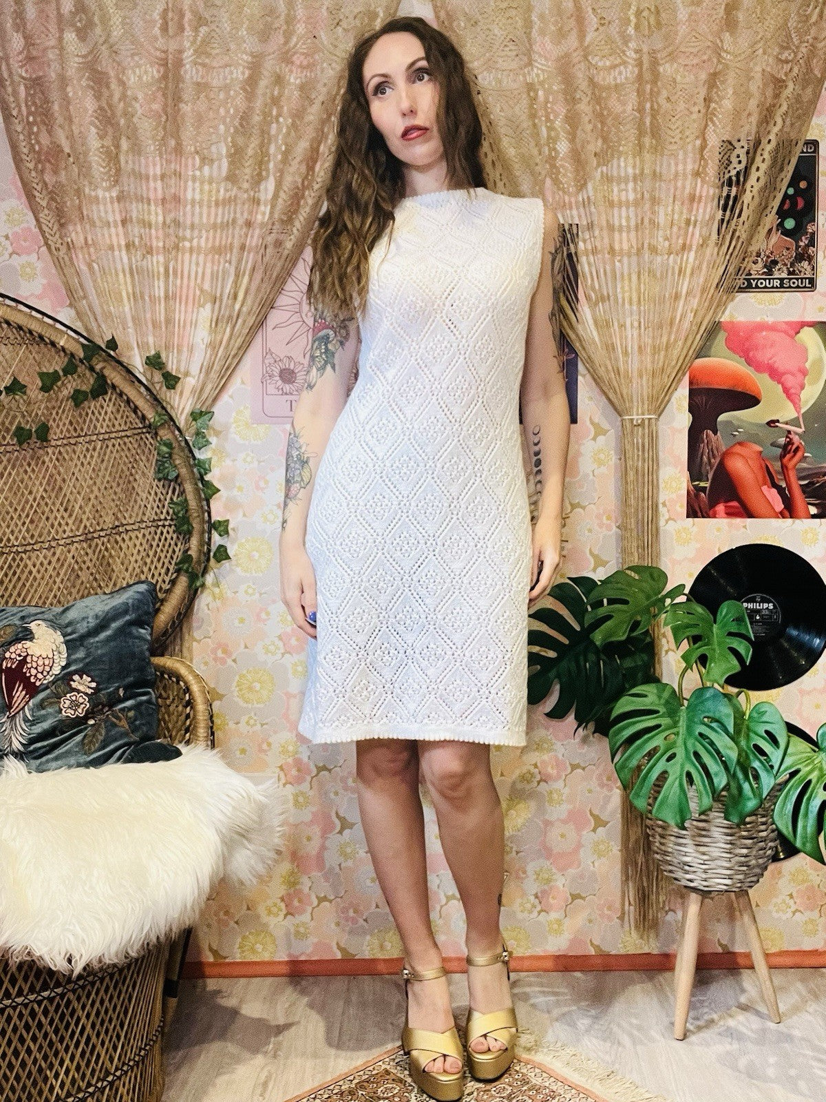 Vintage 1960s Knitted Dress White Crochet Knit High Neck Jumper Dress 12