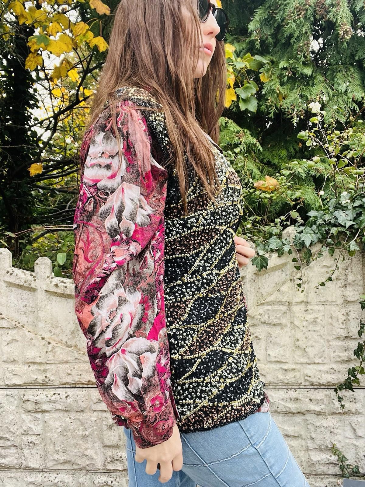 Vintage 80s Sequin Waistcoat Black Gold Size 10 100% Silk 1980s Sparkly Top
