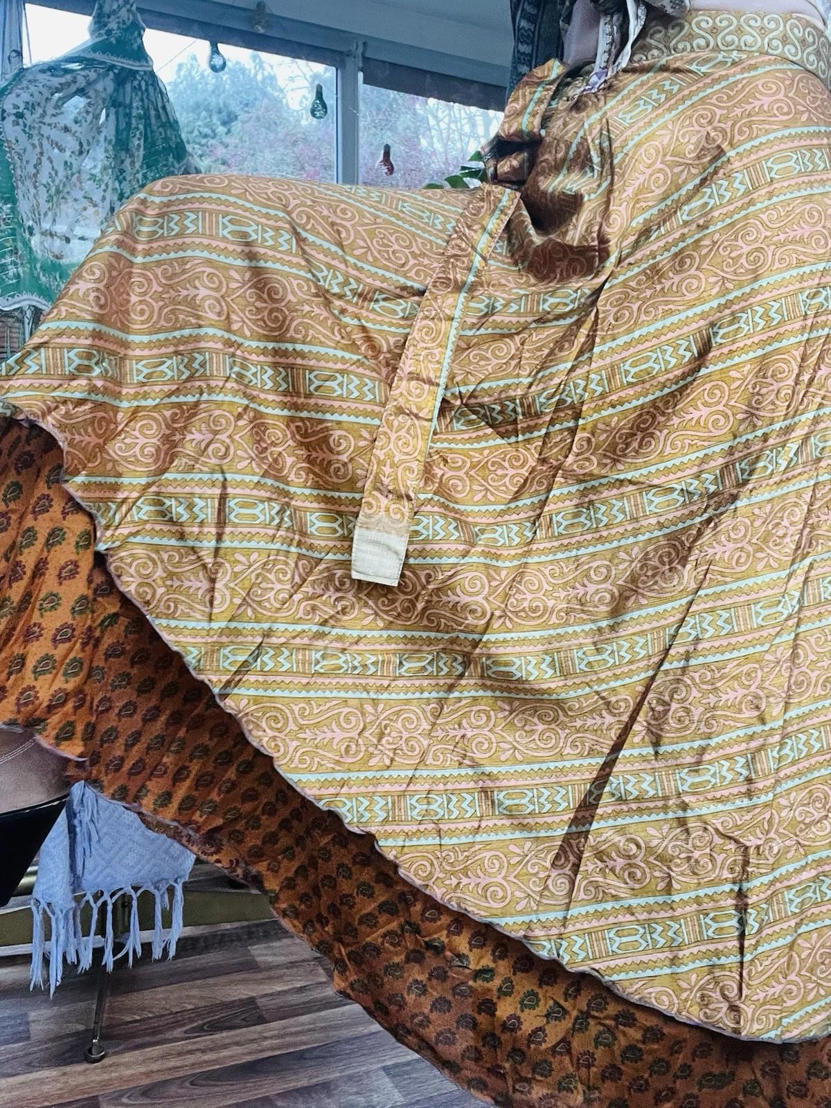 Layered Hippie Maxi Skirt Vintage Sari Silk Hippie Boho Long Gypsy Wrap Skirt