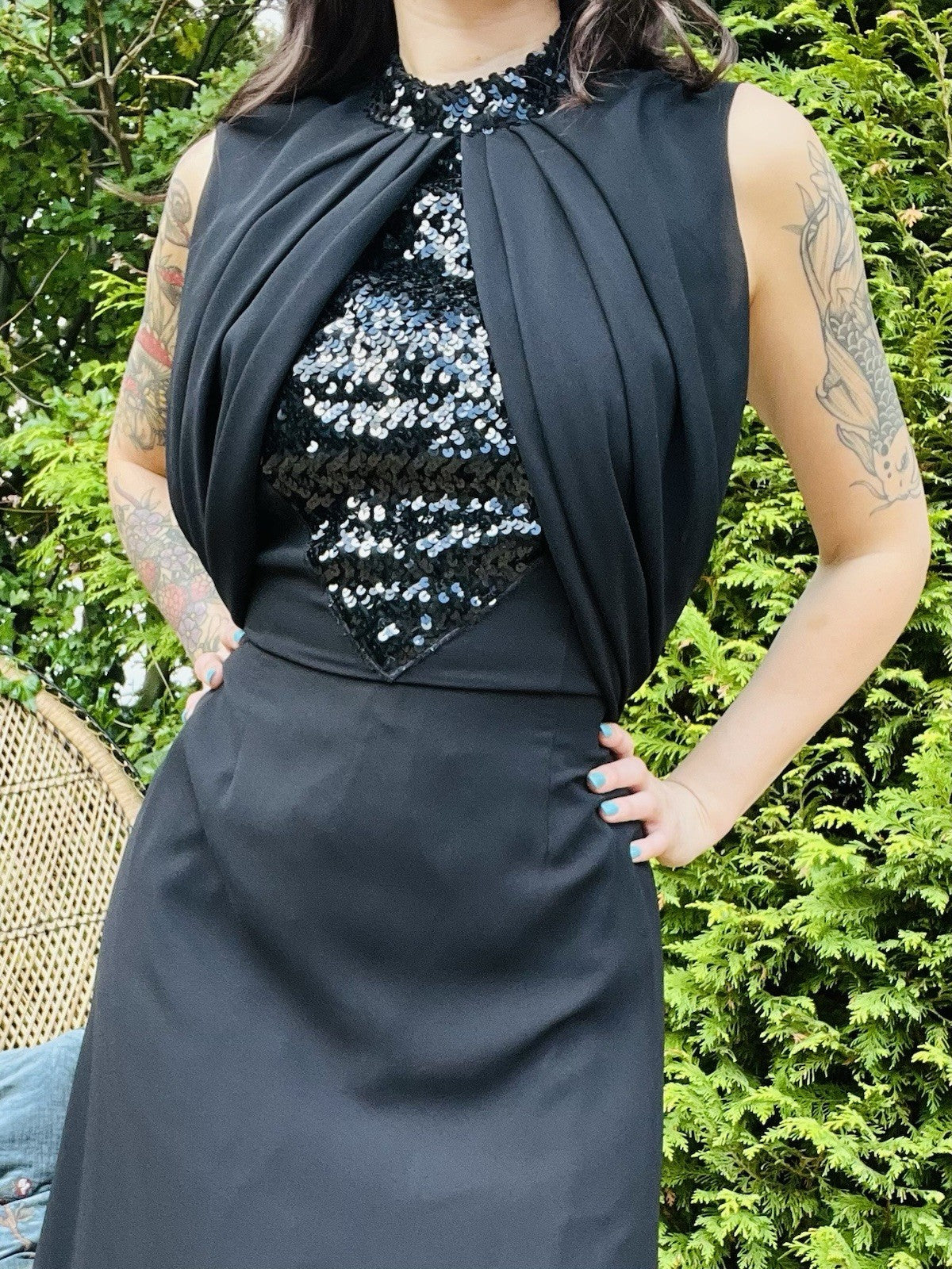 Vintage 1990s Cocktail Dress Long Cinched Waist With High Neck Sequins Black 14