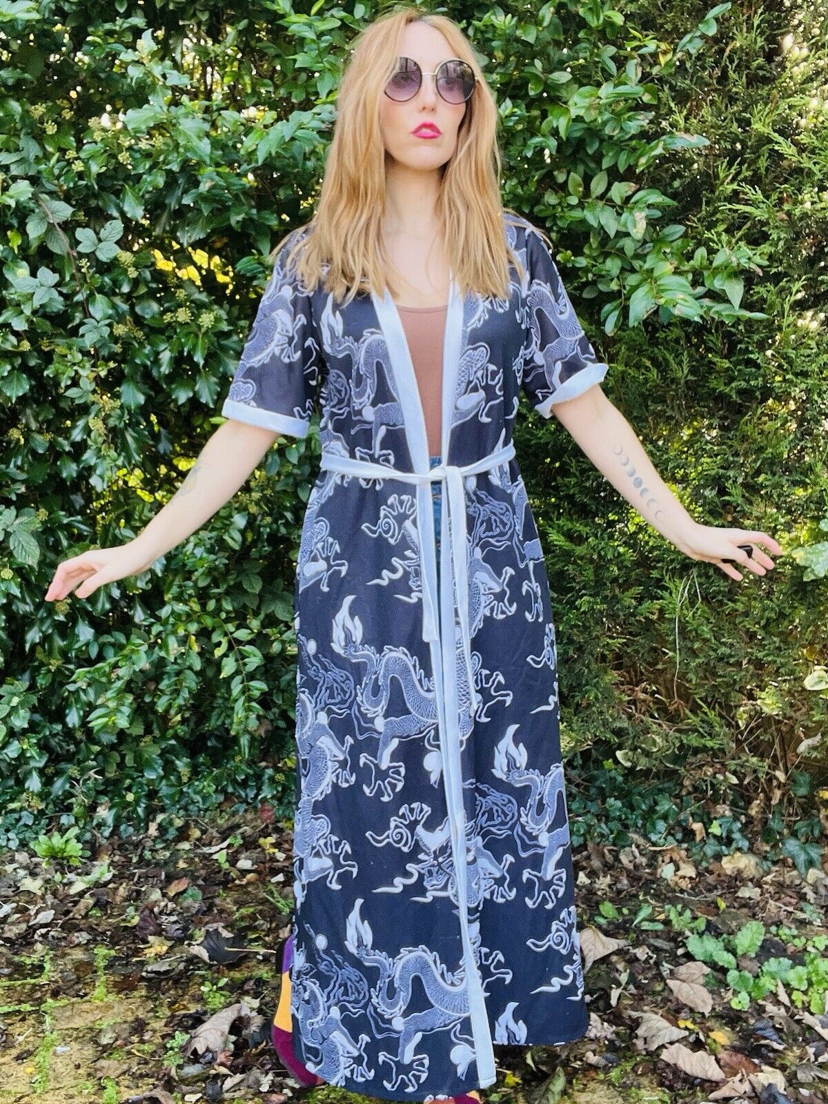 Vintage 70s Oriental Kimono Japanese Robe Dragon Flame Design Dressing Gown 12