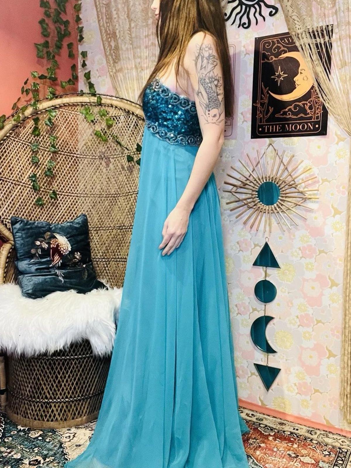Vintage 1970s 1980s Dress Size 8 Teal Blue Designer Mike Benet Sequin Ball Gown