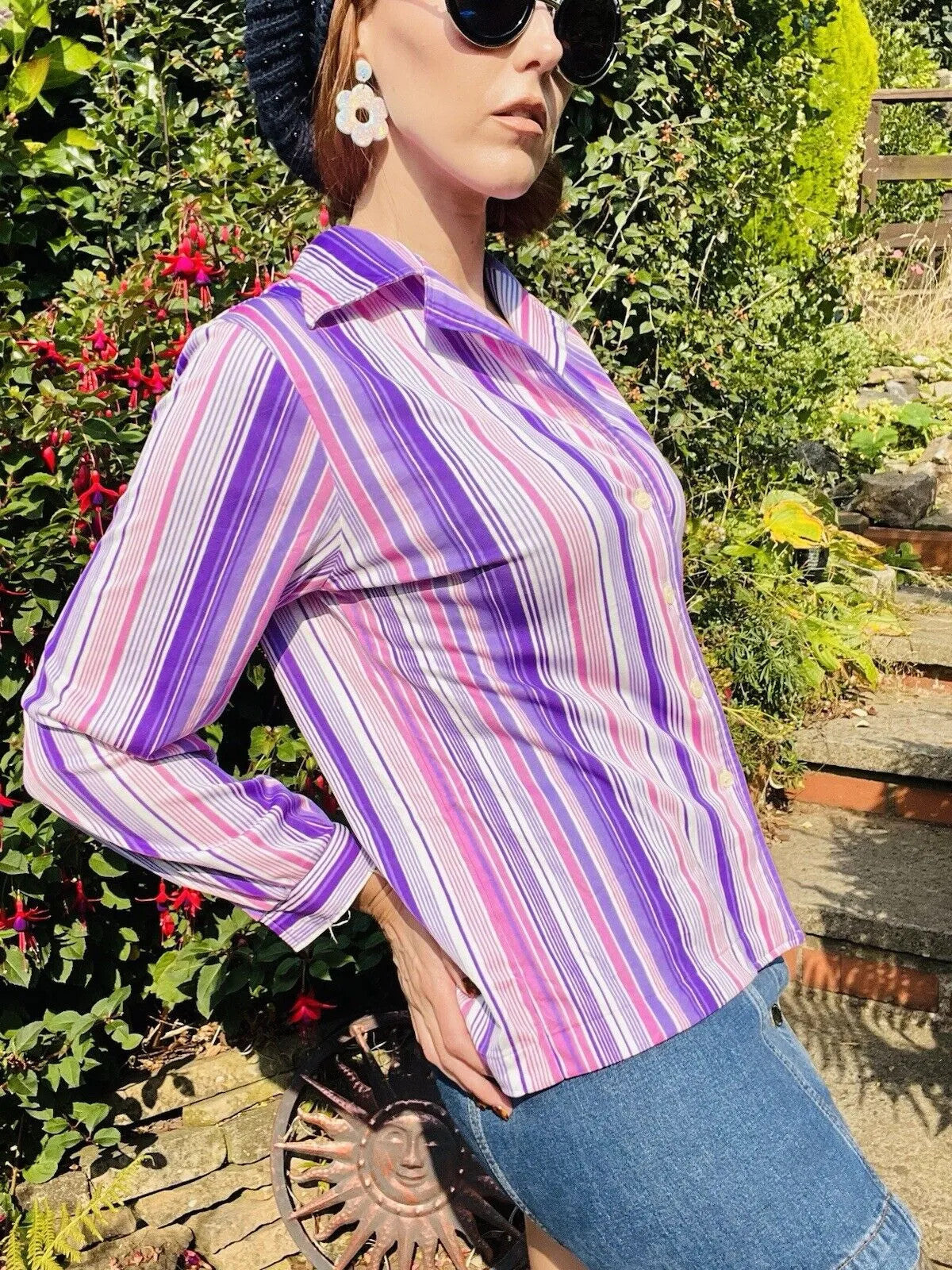 vintage striped shirt Size 12 14 Striped retro blouse 70s 80s Pink Purple