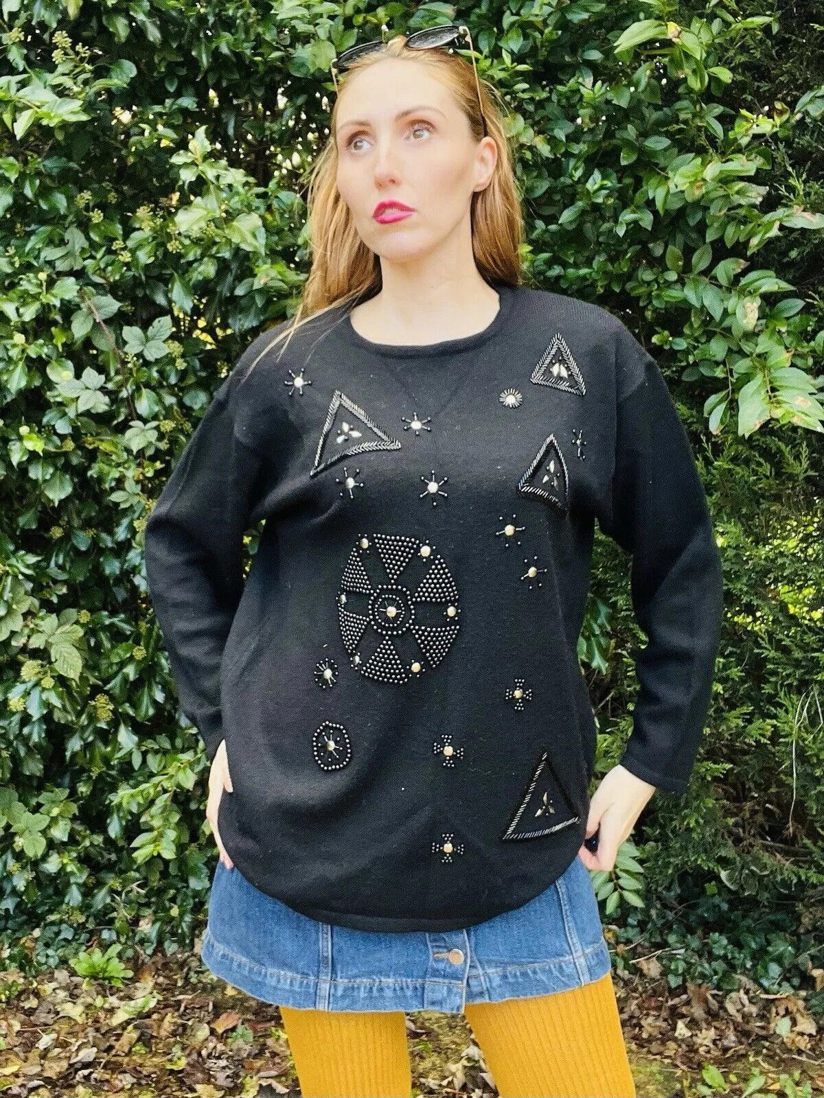 Vintage 1980s Wool Blend Jumper Size 14 Festive Christmas Sweater Beaded Black